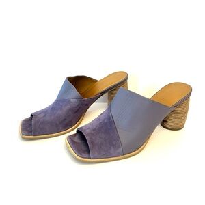 M. Gemi leather and suede violet lilac heeled open toe mule sandals, size 40.5